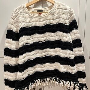 Vince Camuto Black and Cream Striped Sweater with Fringe